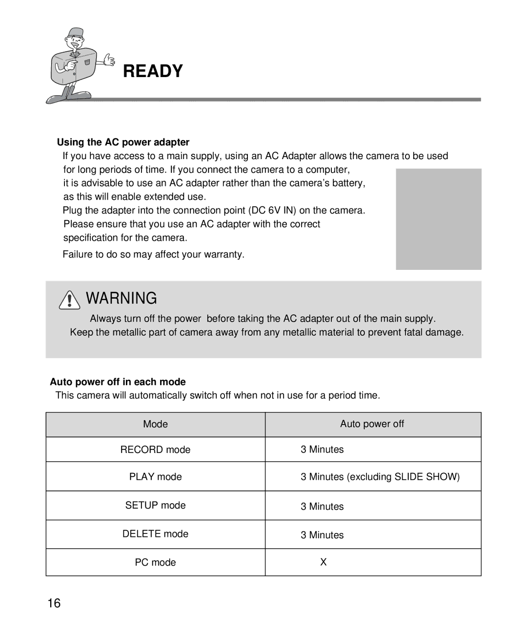 Samsung EC-D130ZSBA/US, EC-D130ZSBA/E1 manual Using the AC power adapter, Auto power off in each mode 