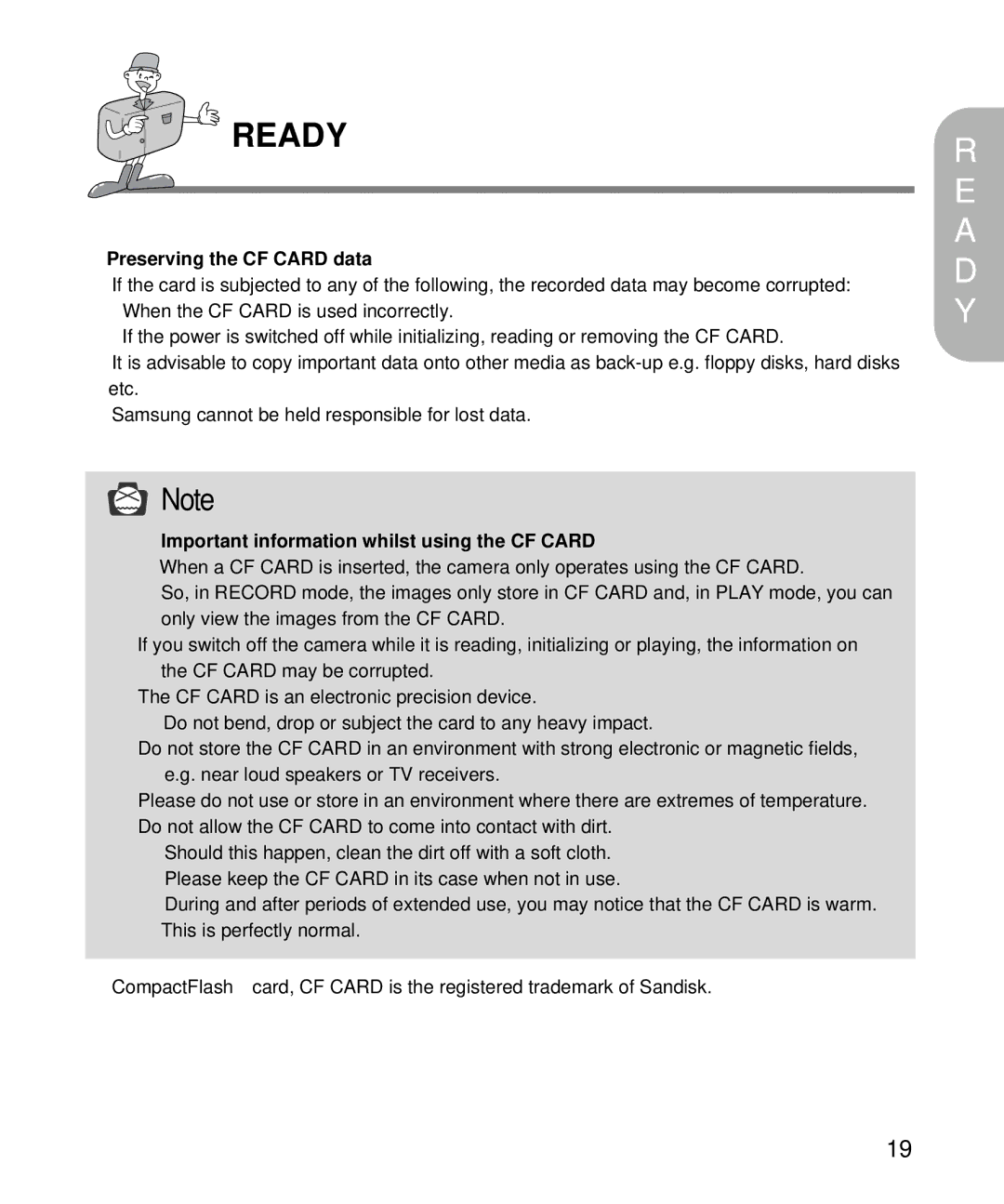 Samsung EC-D130ZSBA/E1, EC-D130ZSBA/US manual Preserving the CF Card data, Important information whilst using the CF Card 