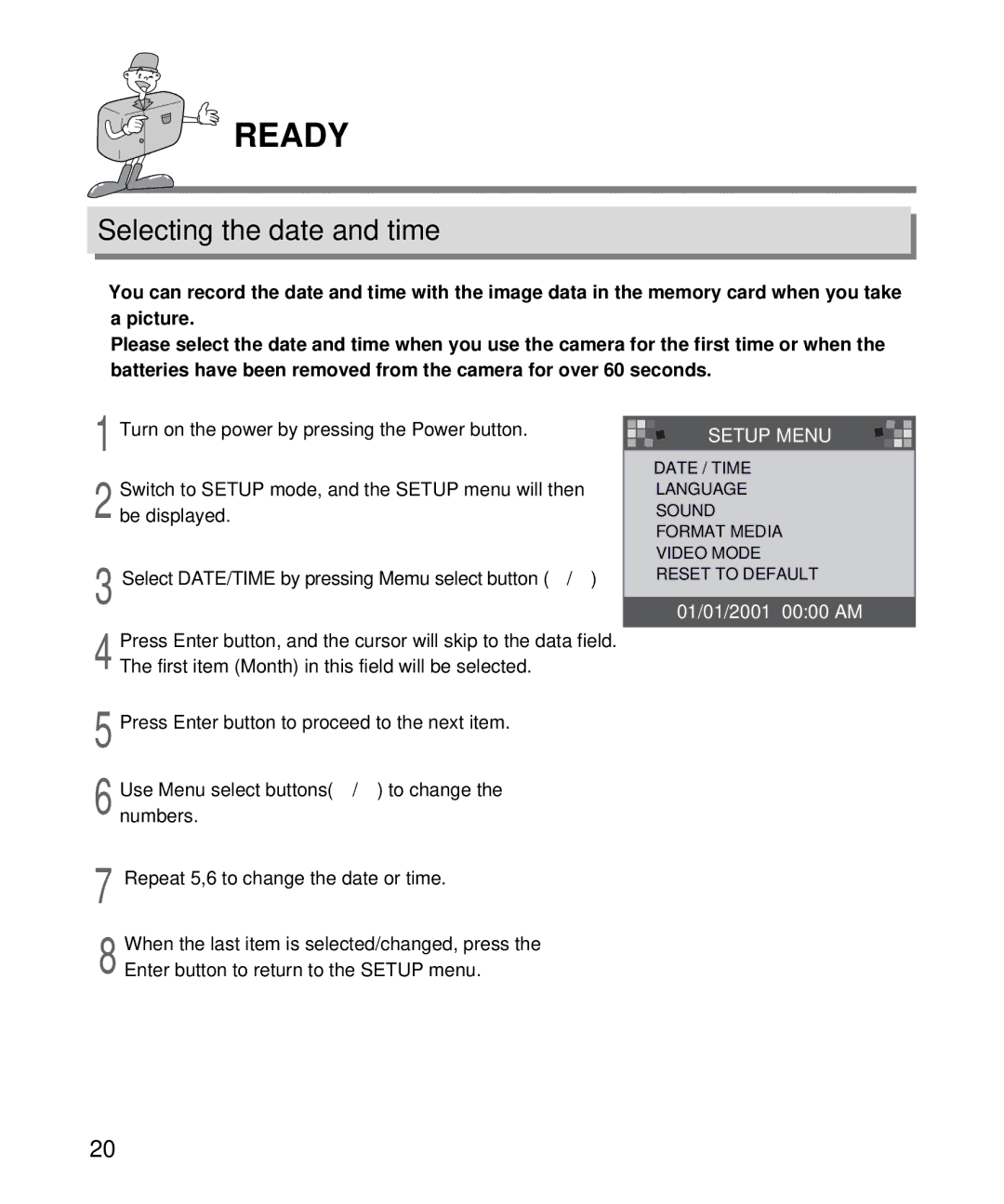 Samsung EC-D130ZSBA/US, EC-D130ZSBA/E1 manual Selecting the date and time, Setup Menu 