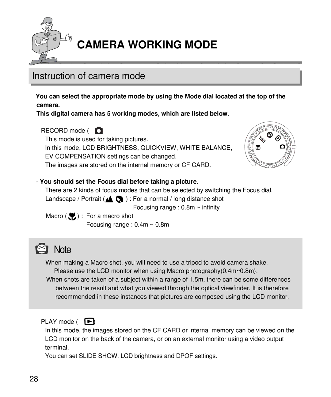 Samsung EC-D130ZSBA/US, EC-D130ZSBA/E1 Instruction of camera mode, You should set the Focus dial before taking a picture 