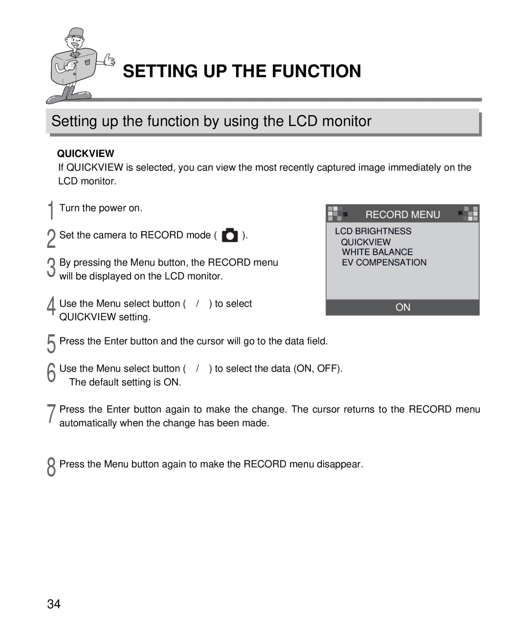 Samsung EC-D130ZSBA/US, EC-D130ZSBA/E1 manual Setting up the function by using the LCD monitor, Quickview 