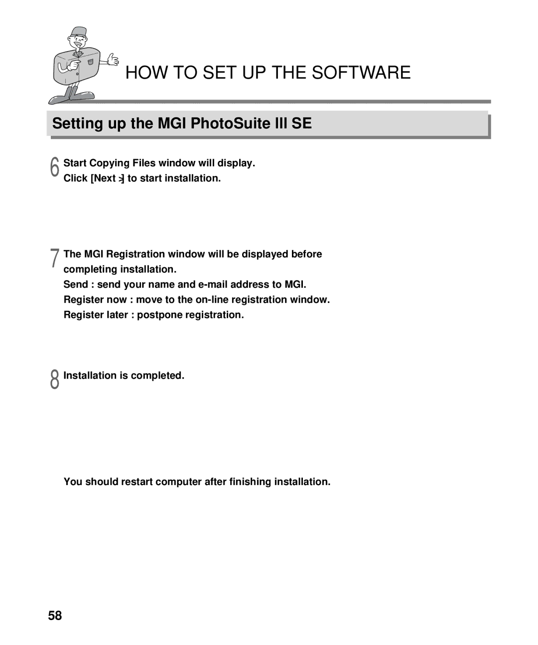 Samsung EC-D130ZSBA/US, EC-D130ZSBA/E1 manual Setting up the MGI PhotoSuite lll SE 