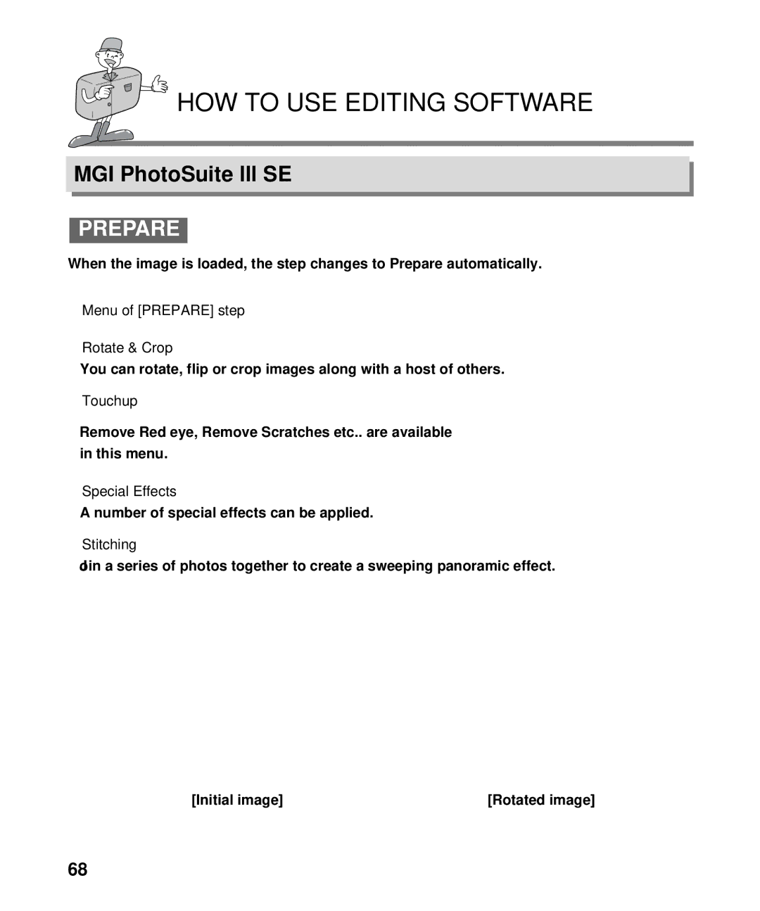 Samsung EC-D130ZSBA/US, EC-D130ZSBA/E1 manual Menu of Prepare step Rotate & Crop, Touchup, Special Effects, Stitching 