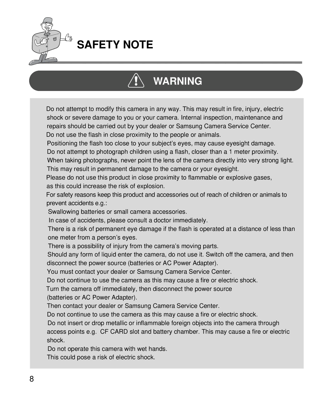 Samsung EC-D130ZSBA/US, EC-D130ZSBA/E1 manual Safety Note 