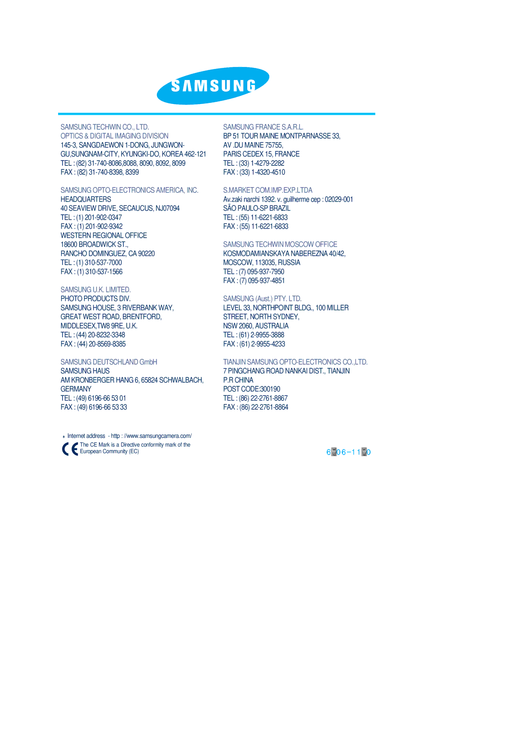 Samsung EC-D220SABA/FR manual Samsung OPTO-ELECTRONICS AMERICA, INC. Headquarters 