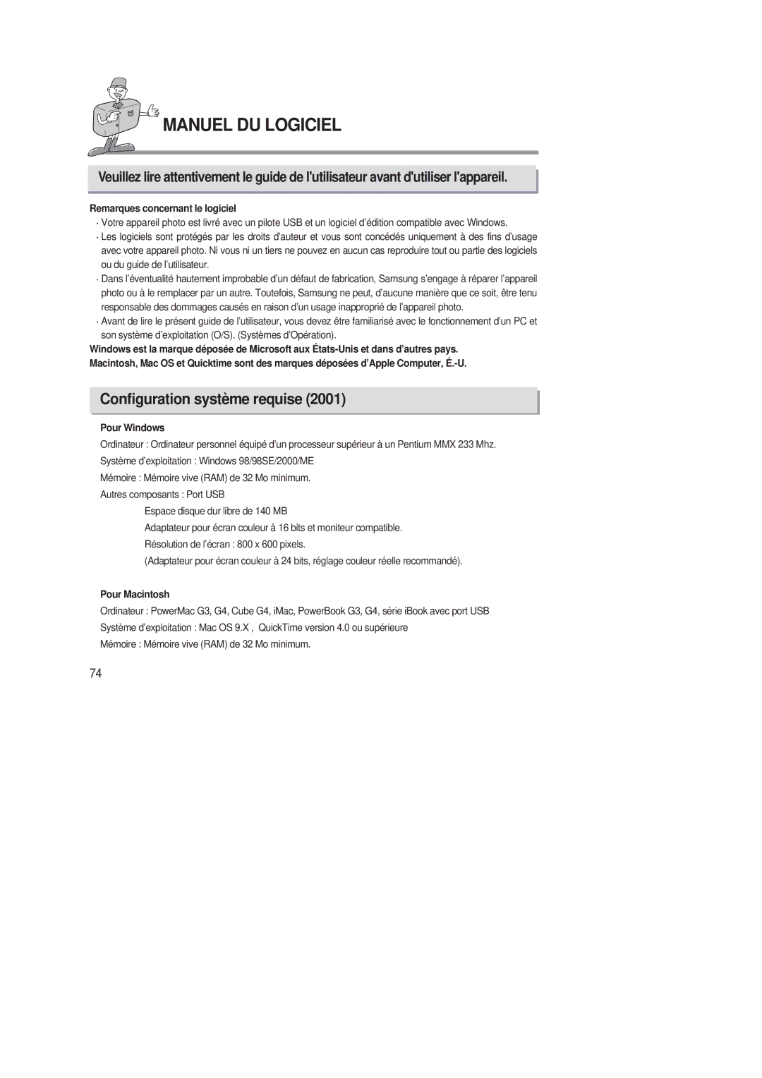 Samsung EC-D220SABA/FR Manuel DU Logiciel, Configuration système requise, Remarques concernant le logiciel, Pour Windows 