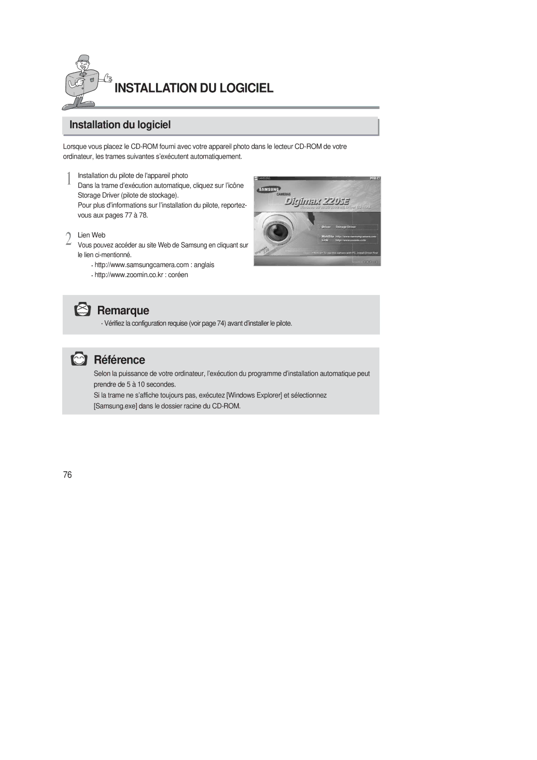 Samsung EC-D220SABA/FR manual Installation DU Logiciel, Installation du logiciel 