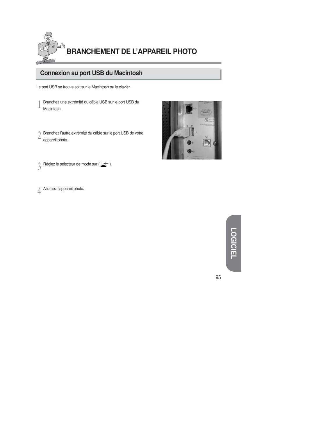 Samsung EC-D220SABA/FR manual Branchement DE L’APPAREIL Photo, Connexion au port USB du Macintosh 