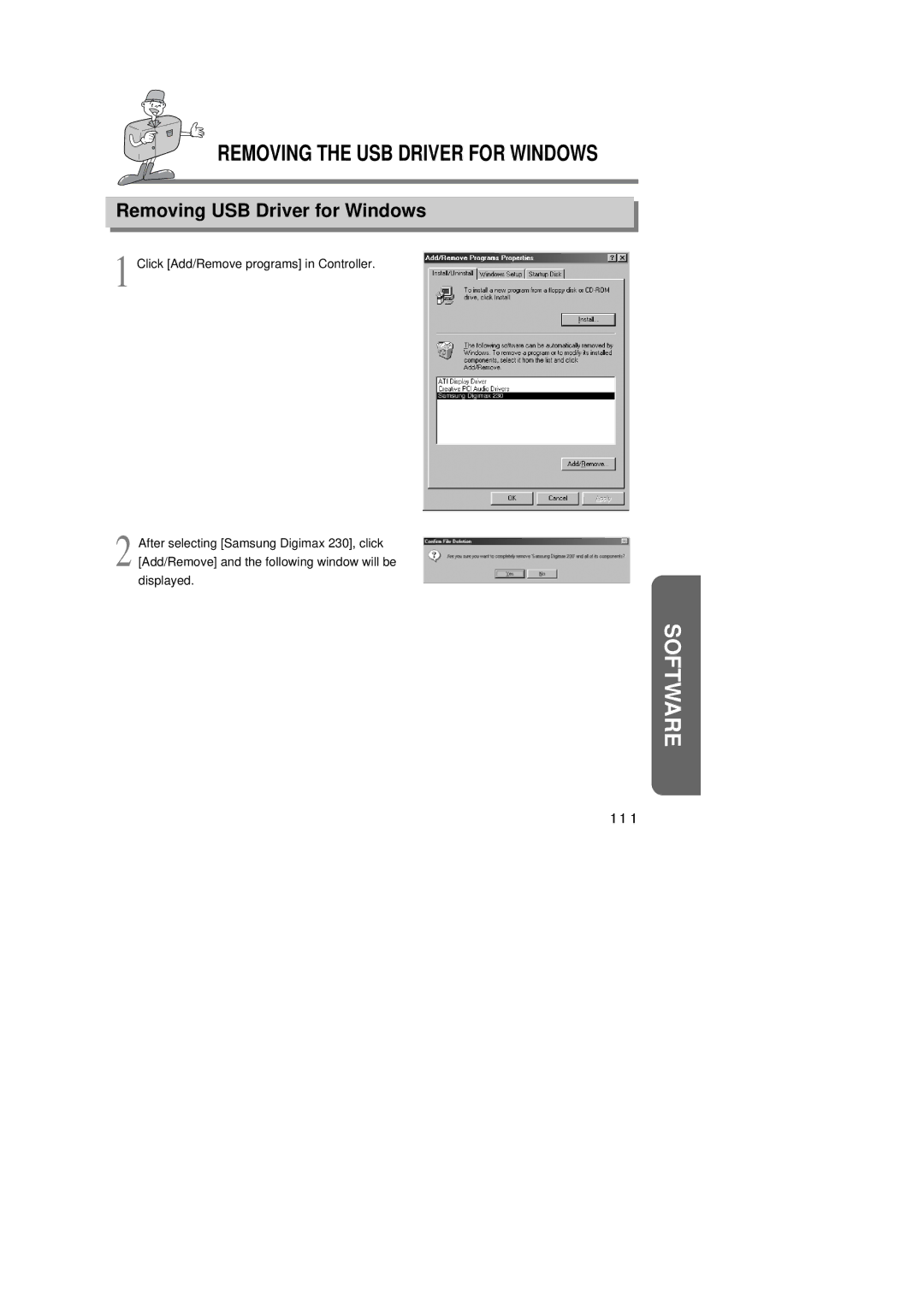 Samsung EC-D230ZSBA/E1 manual Removing the USB Driver for Windows, Removing USB Driver for Windows 