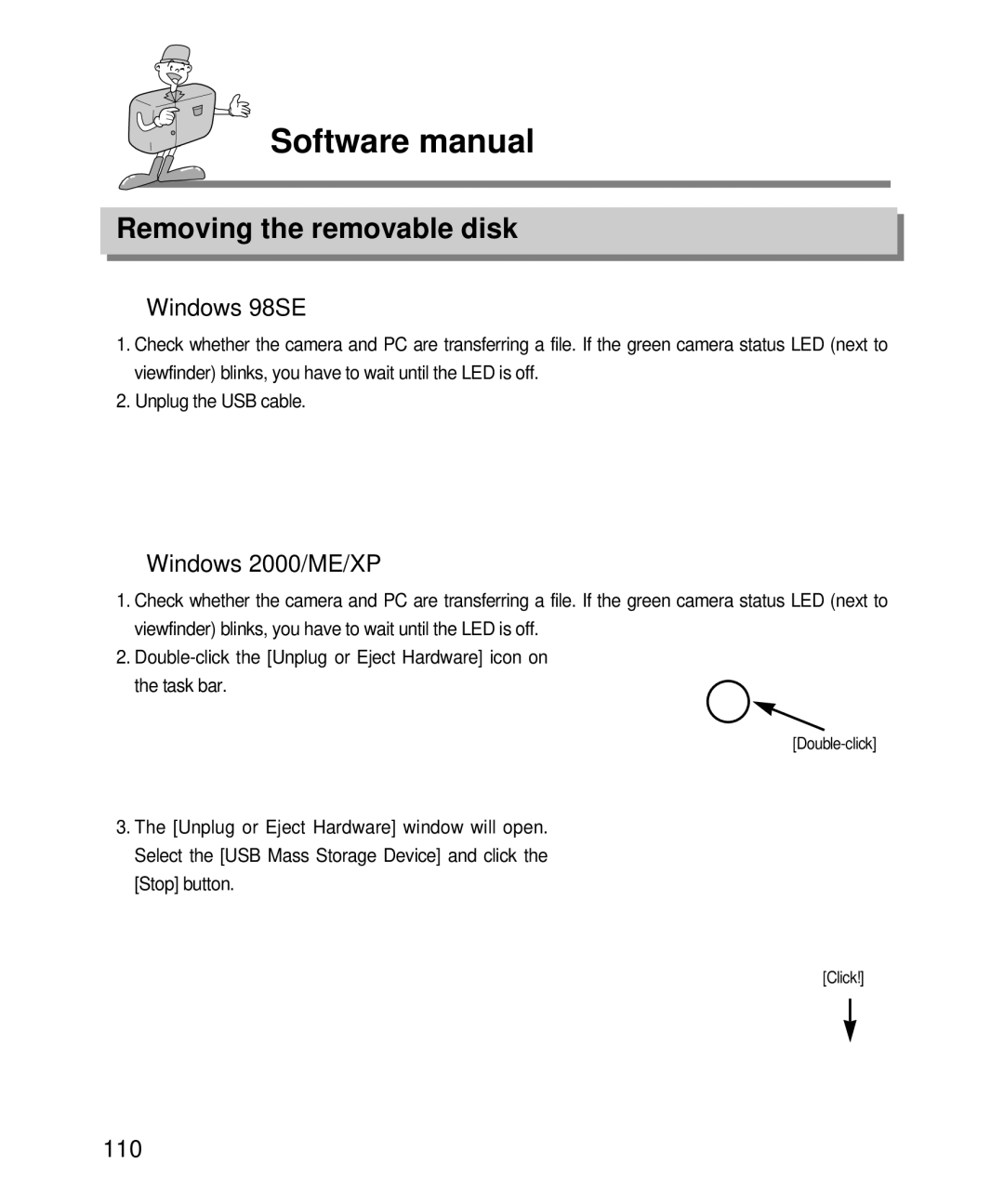 Samsung EC-D240ZSBA/E1 manual Removing the removable disk, Windows 98SE, Windows 2000/ME/XP, 110 