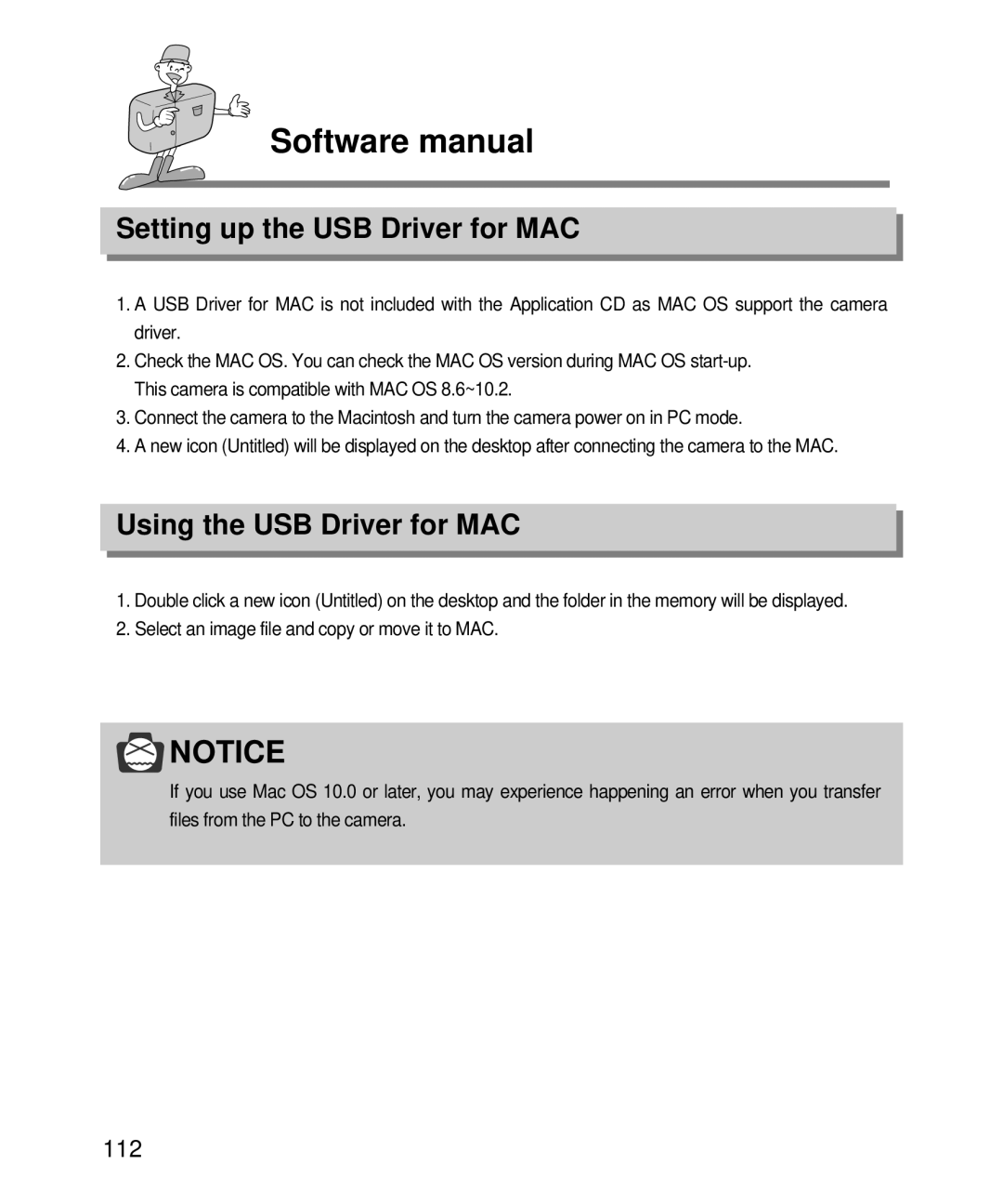 Samsung EC-D240ZSBA/E1 manual Setting up the USB Driver for MAC, Using the USB Driver for MAC, 112 