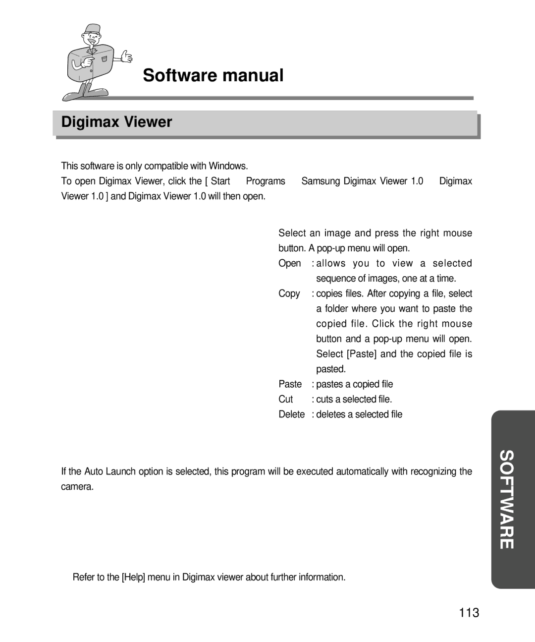 Samsung EC-D240ZSBA/E1 manual Digimax Viewer, 113, Copy, Copied file. Click the right mouse, Pasted 