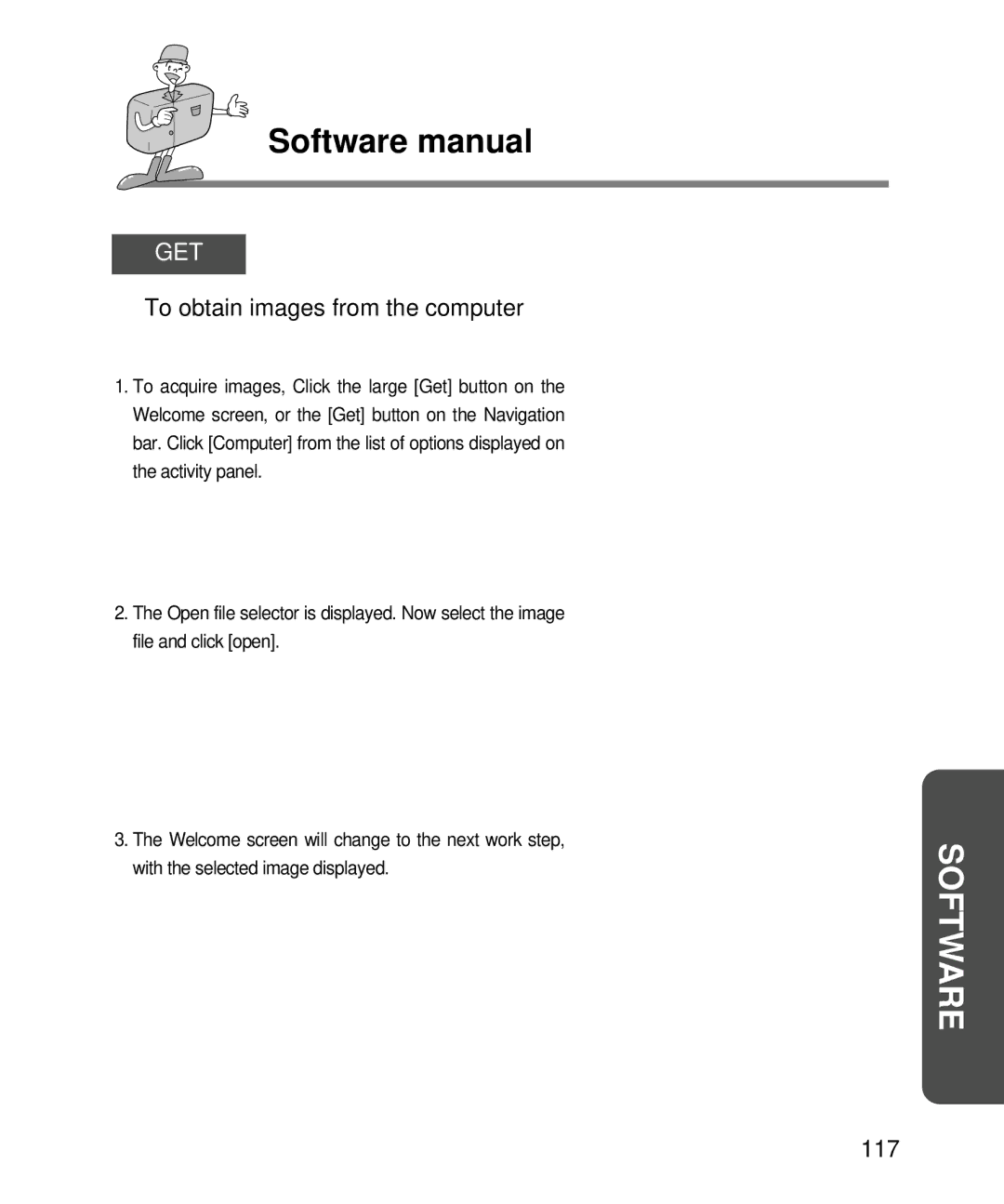 Samsung EC-D240ZSBA/E1 manual Get, To obtain images from the computer, 117, With the selected image displayed 