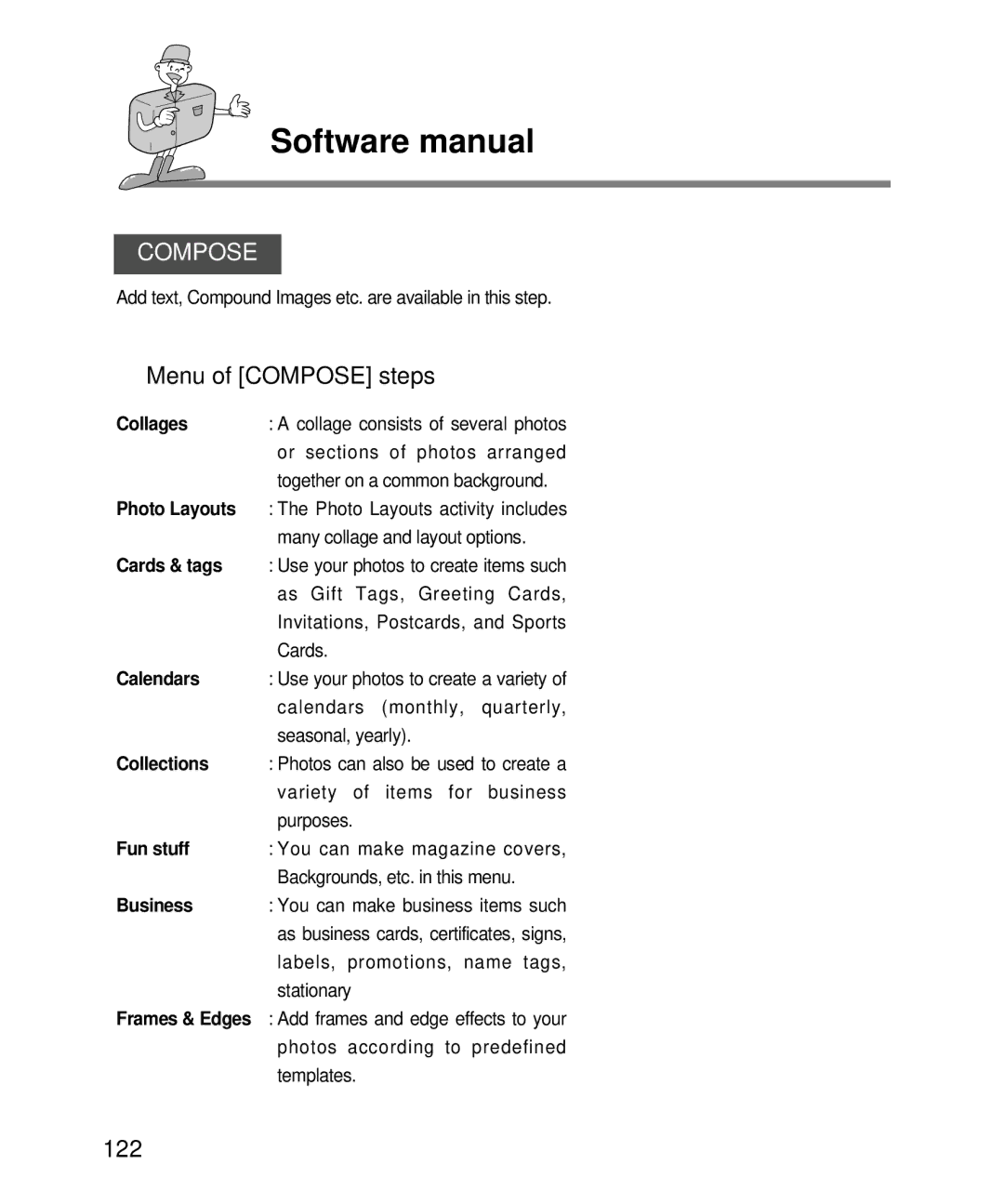 Samsung EC-D240ZSBA/E1 manual Menu of Compose steps, 122 