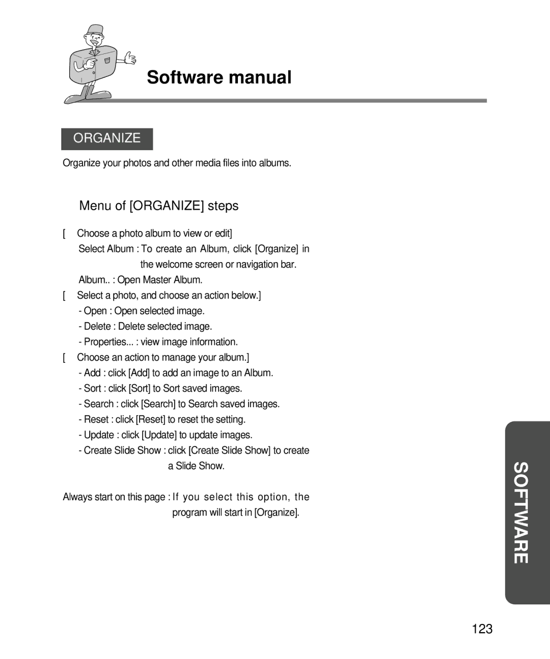 Samsung EC-D240ZSBA/E1 manual Menu of Organize steps, 123, Choose a photo album to view or edit 