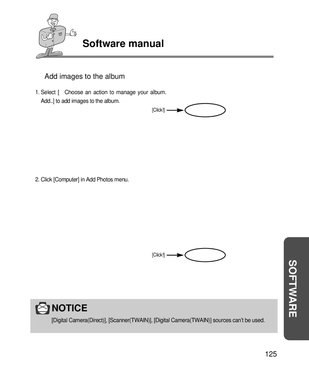 Samsung EC-D240ZSBA/E1 manual Add images to the album, 125, Click Computer in Add Photos menu 