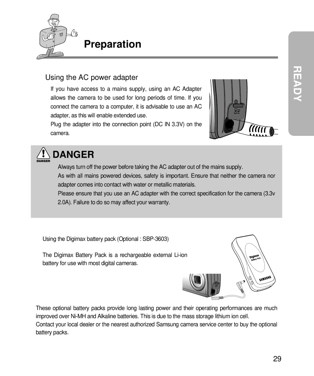 Samsung EC-D240ZSBA/E1 manual Using the AC power adapter 