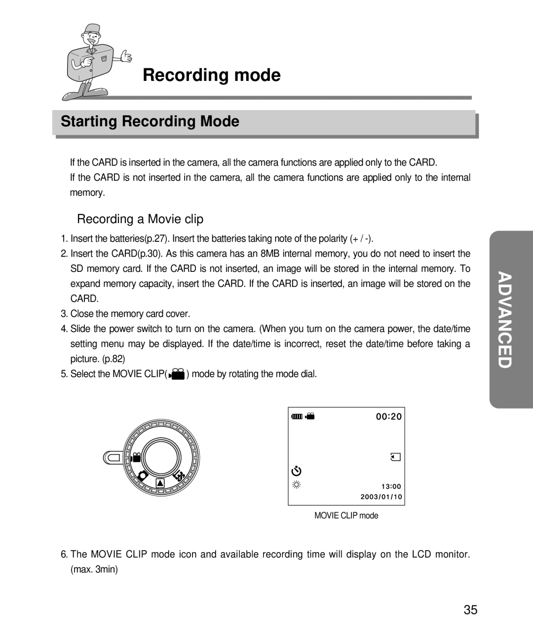 Samsung EC-D240ZSBA/E1 manual Recording mode, Starting Recording Mode, Recording a Movie clip 