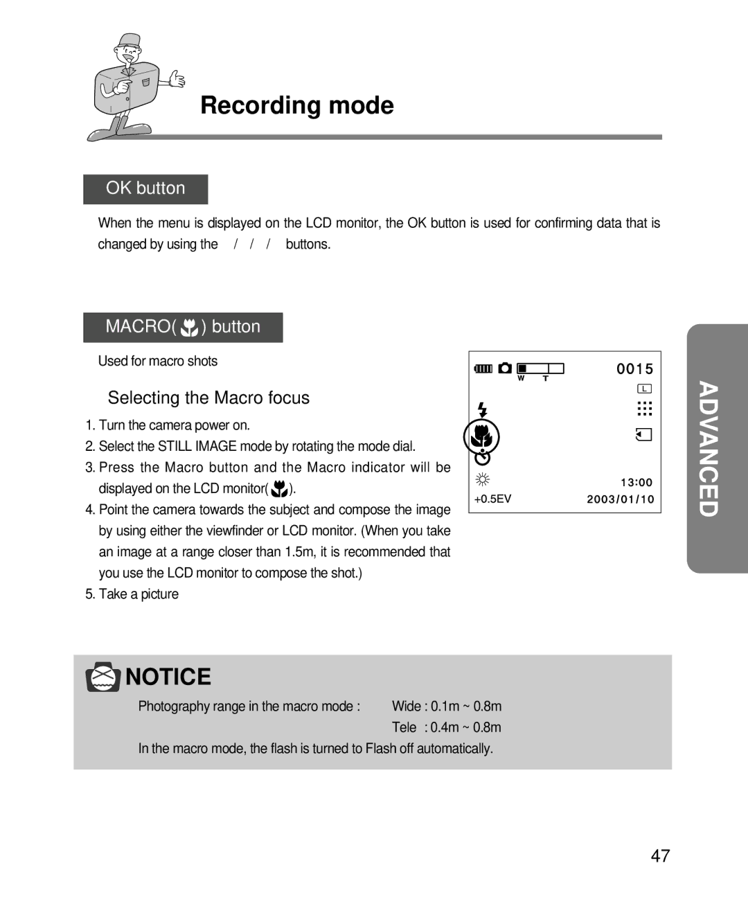 Samsung EC-D240ZSBA/E1 manual OK button, Macro button, Selecting the Macro focus 