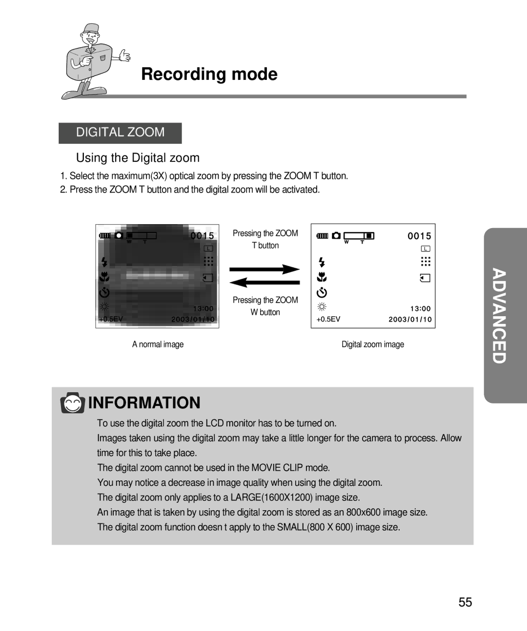 Samsung EC-D240ZSBA/E1 manual Digital Zoom, Using the Digital zoom 