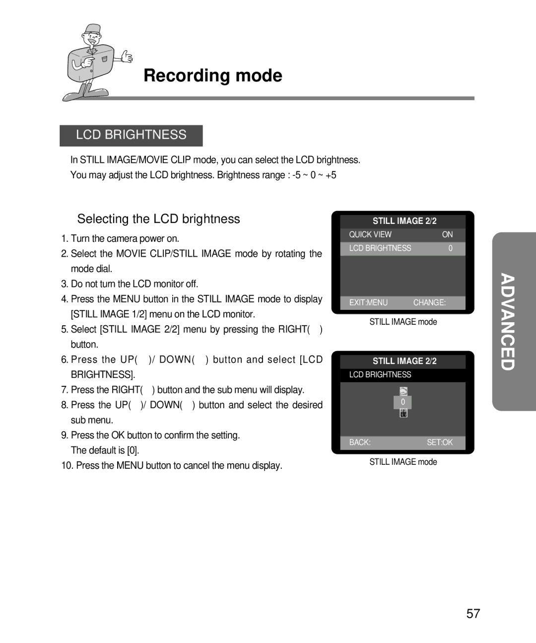 Samsung EC-D240ZSBA/E1 manual LCD Brightness, Selecting the LCD brightness 