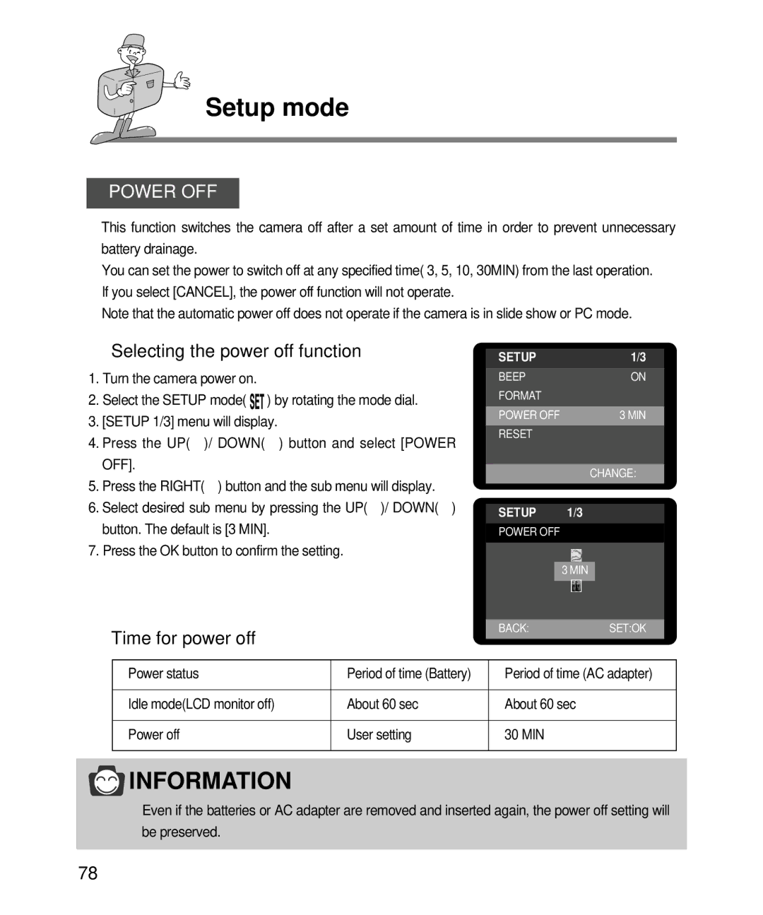 Samsung EC-D240ZSBA/E1 manual Power OFF, Selecting the power off function, Time for power off, Power status 