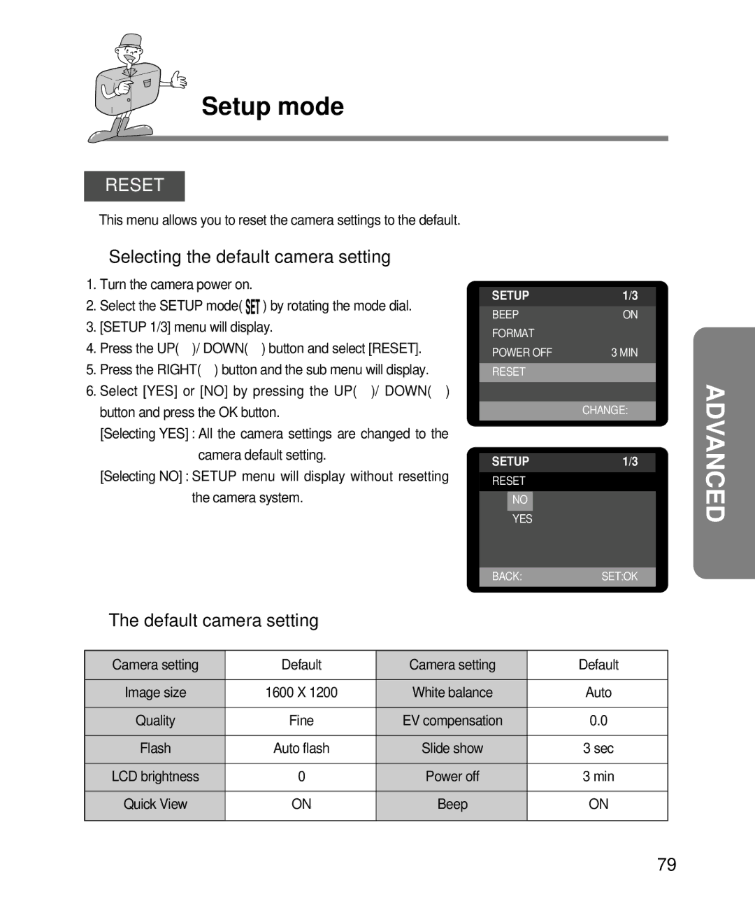 Samsung EC-D240ZSBA/E1 manual Reset, Selecting the default camera setting, Default camera setting, Camera setting Default 