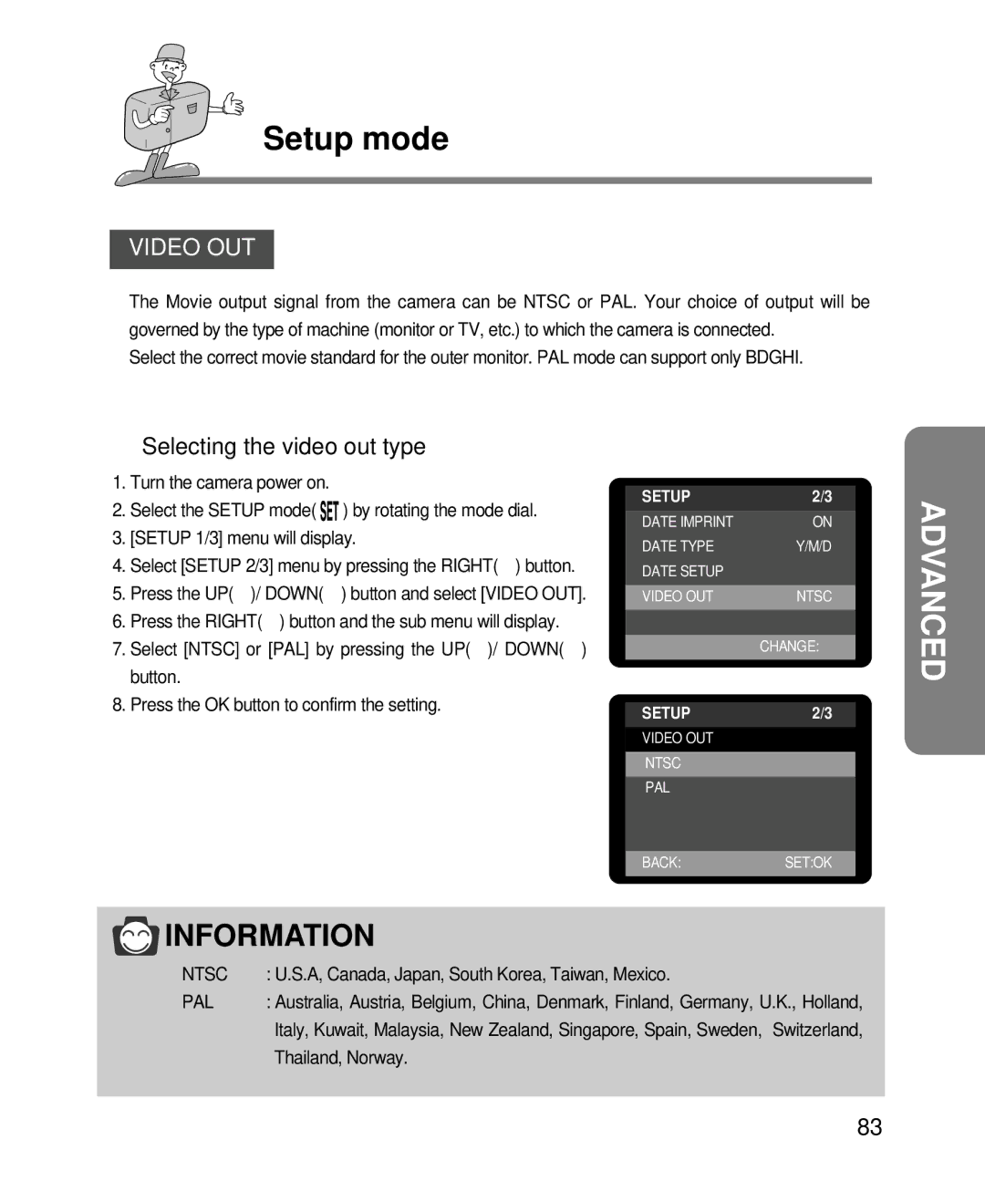 Samsung EC-D240ZSBA/E1 manual Video OUT, Selecting the video out type 