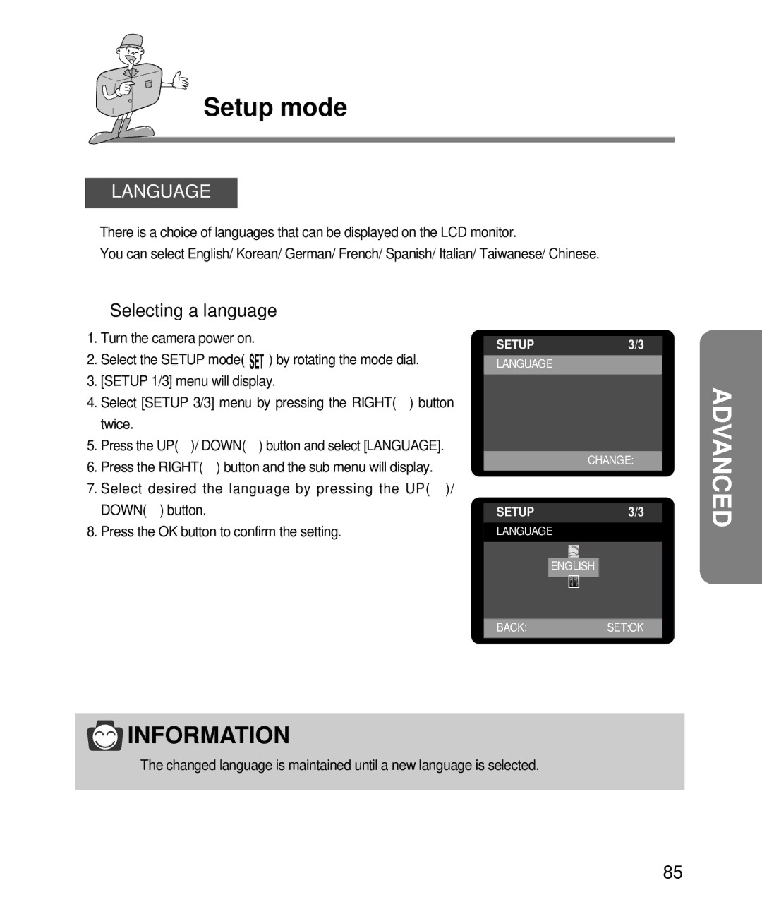 Samsung EC-D240ZSBA/E1 manual Language, Selecting a language 