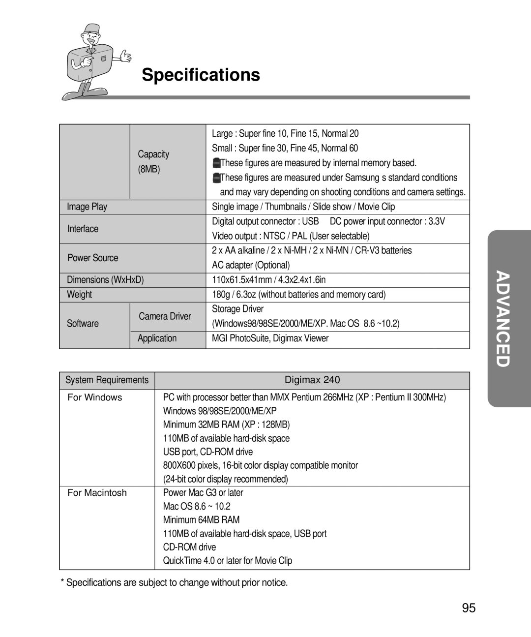 Samsung EC-D240ZSBA/E1 manual Large Super fine 10, Fine 15, Normal, Capacity Small Super fine 30, Fine 45, Normal, Digimax 