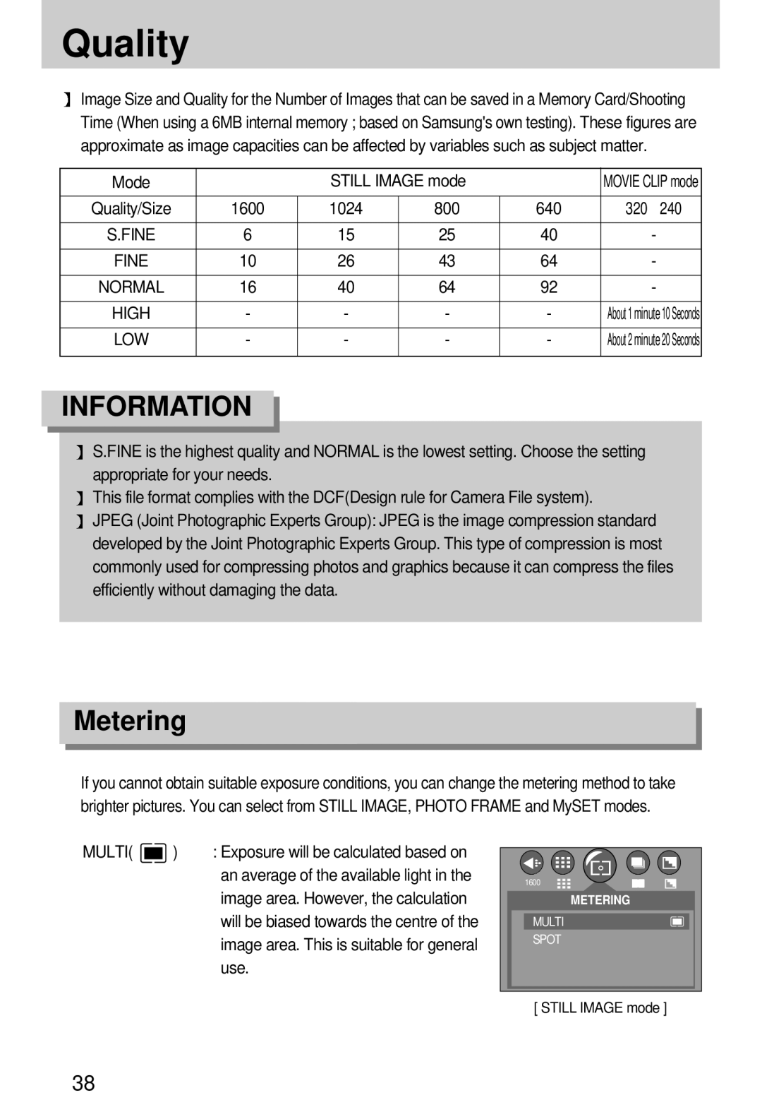 Samsung EC-D250ZSBA/E1 manual Quality, Metering, 320 240, Use 