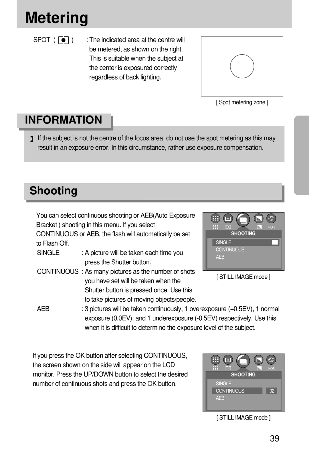 Samsung EC-D250ZSBA/E1 manual Metering, Shooting, Spot, Regardless of back lighting, Single Continuous AEB 