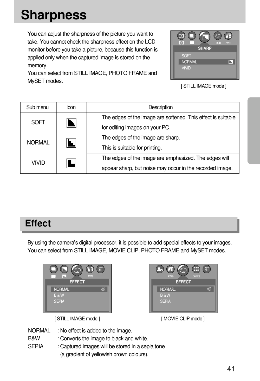 Samsung EC-D250ZSBA/E1 manual Sharpness, Effect, Soft, Normal, Vivid 