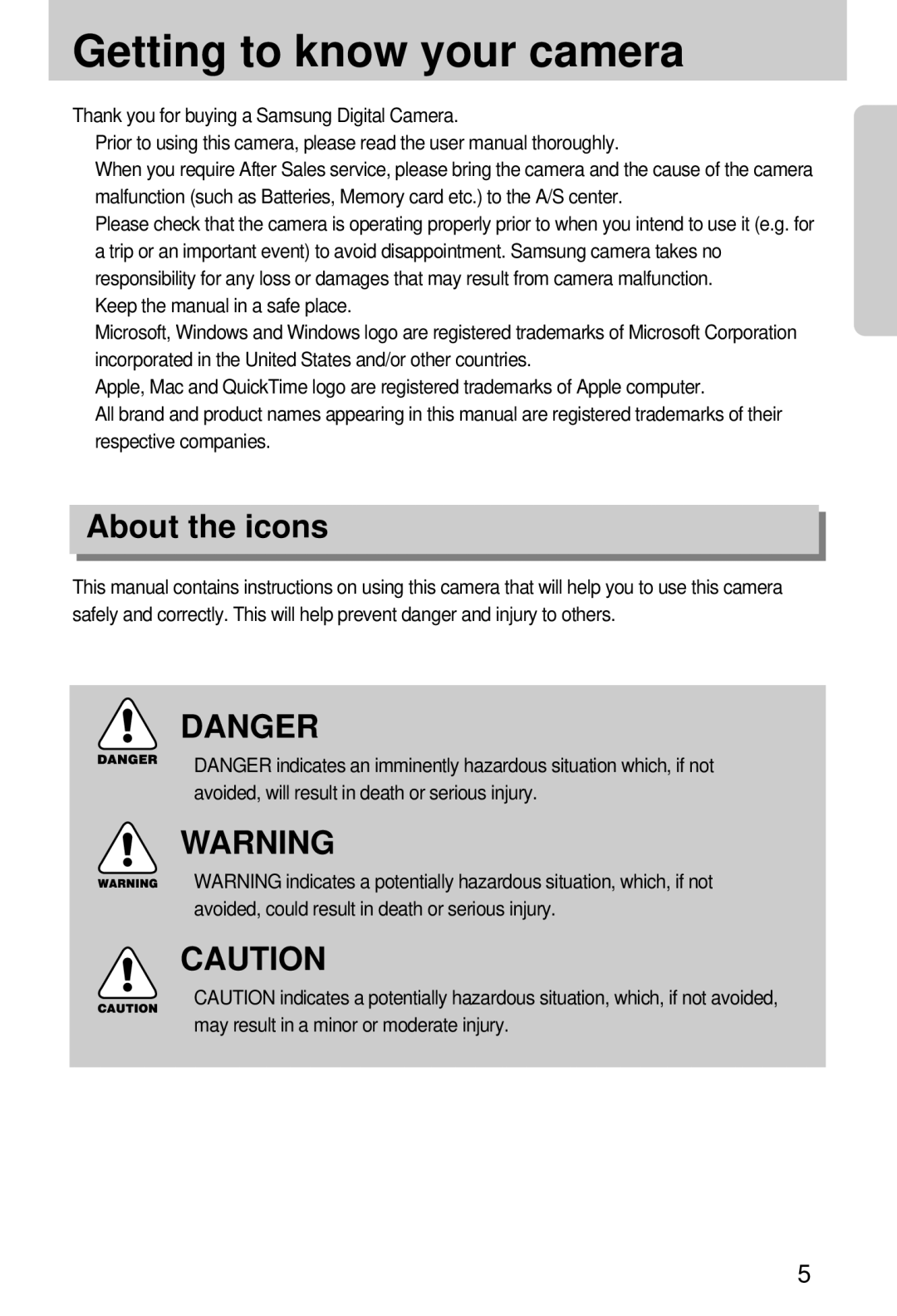 Samsung EC-D250ZSBA/E1 manual Getting to know your camera, About the icons 