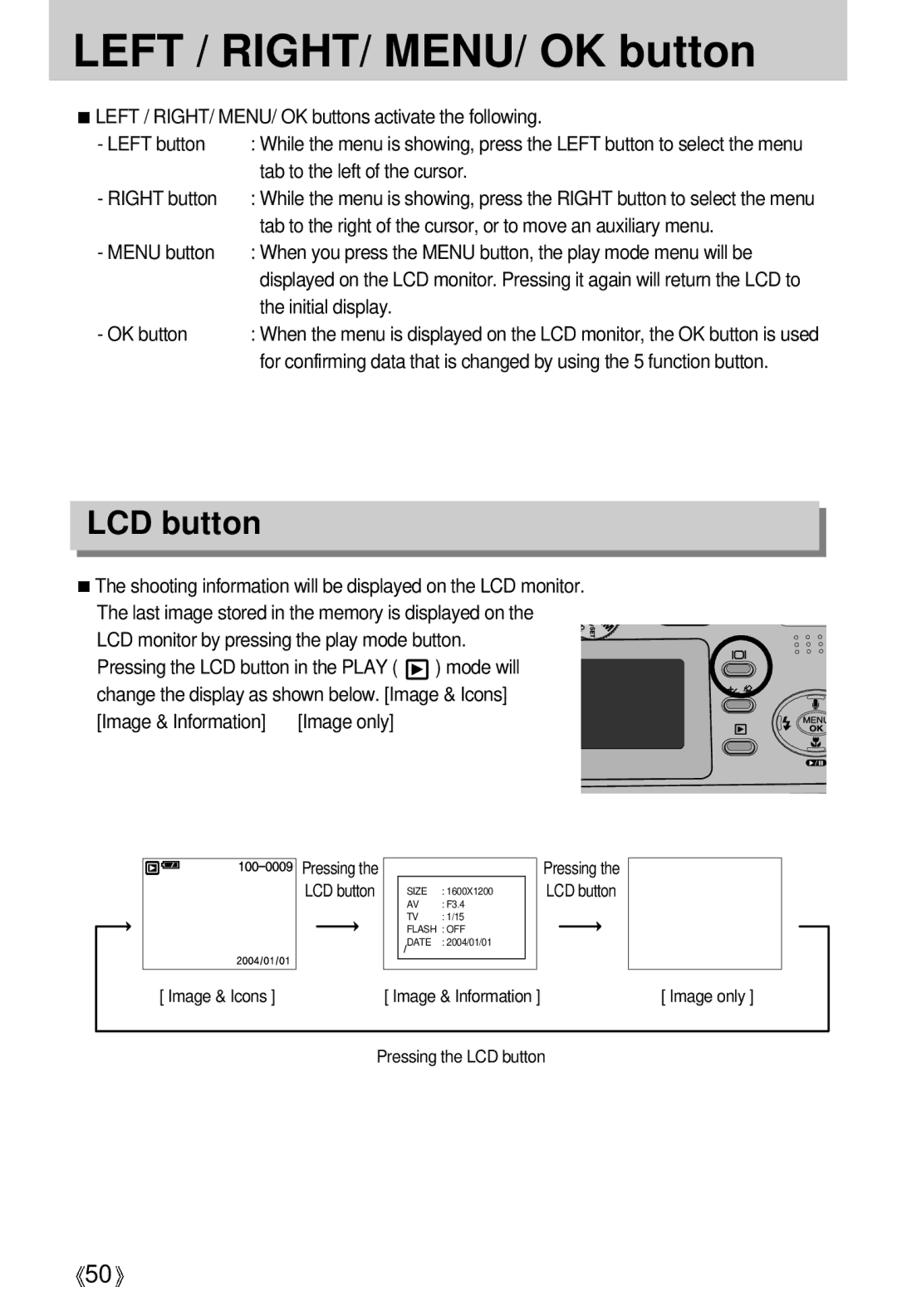 Samsung EC-D250ZSBA/E1 manual Left / RIGHT/ MENU/ OK button, LCD button, Tab to the left of the cursor, Right button 