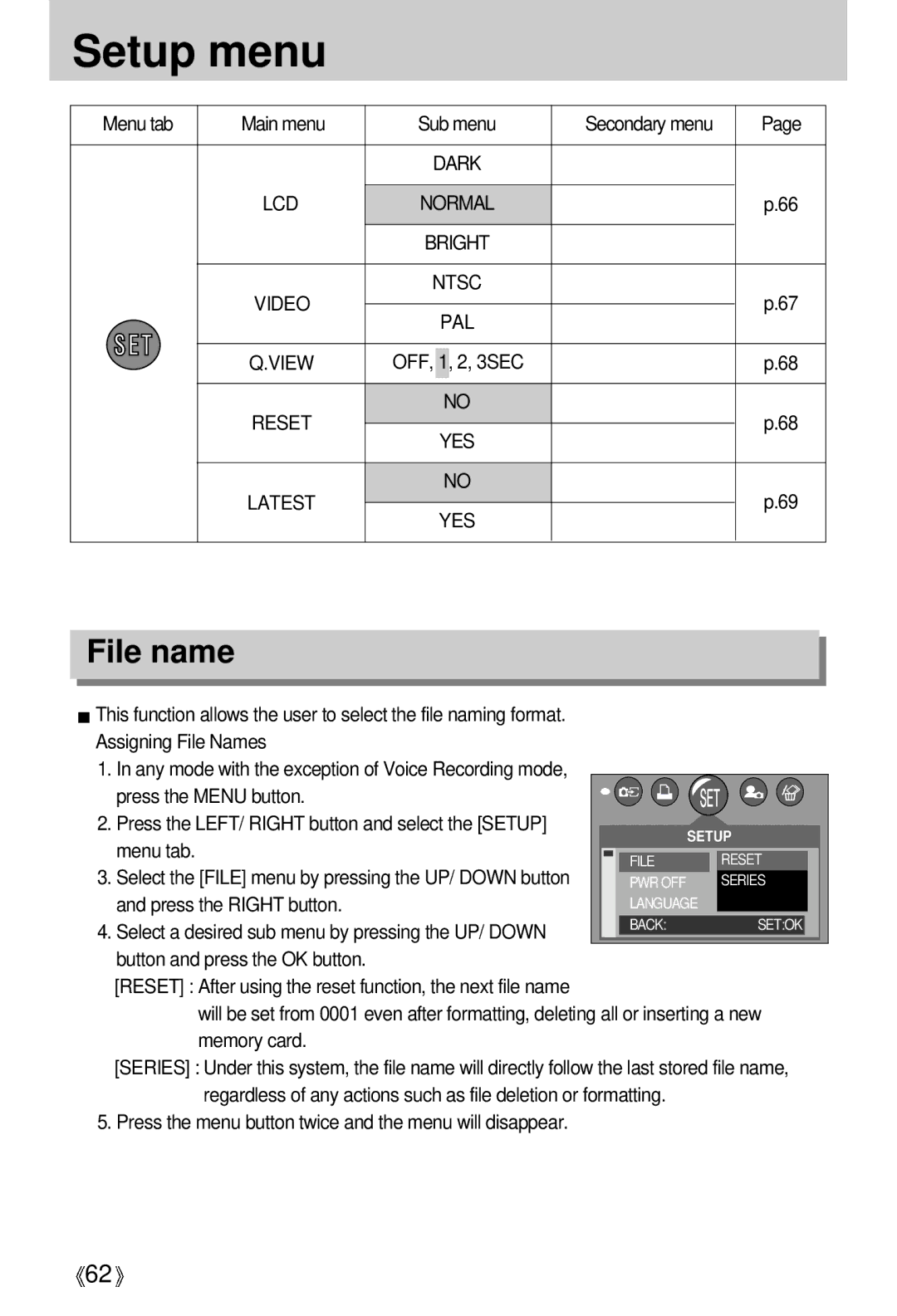 Samsung EC-D250ZSBA/E1 manual File name, Ntsc PAL View OFF, Reset YES 