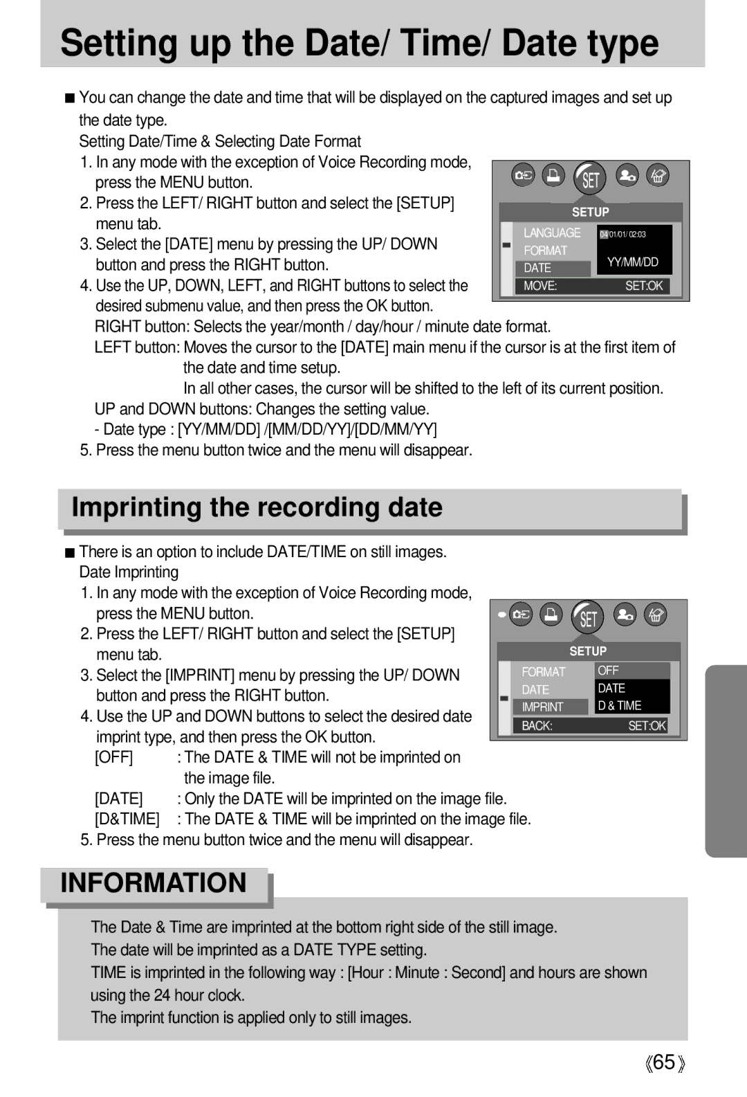 Samsung EC-D250ZSBA/E1 manual Setting up the Date/ Time/ Date type, Imprinting the recording date 