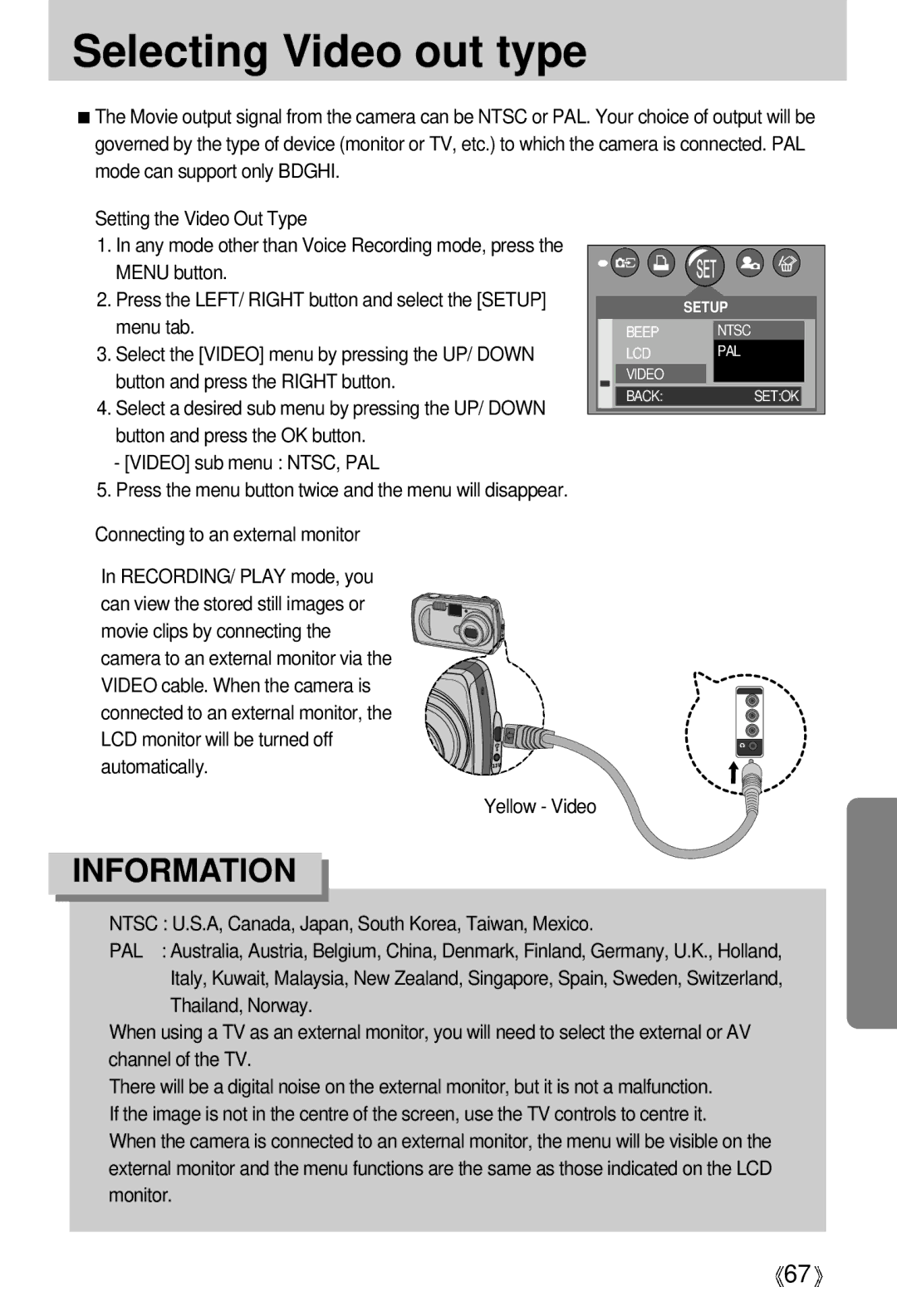 Samsung EC-D250ZSBA/E1 manual Selecting Video out type, Connecting to an external monitor 