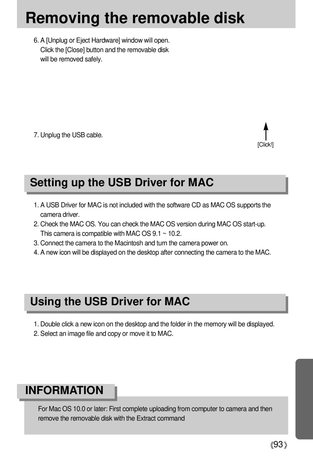 Samsung EC-D250ZSBA/E1 manual Setting up the USB Driver for MAC, Using the USB Driver for MAC 