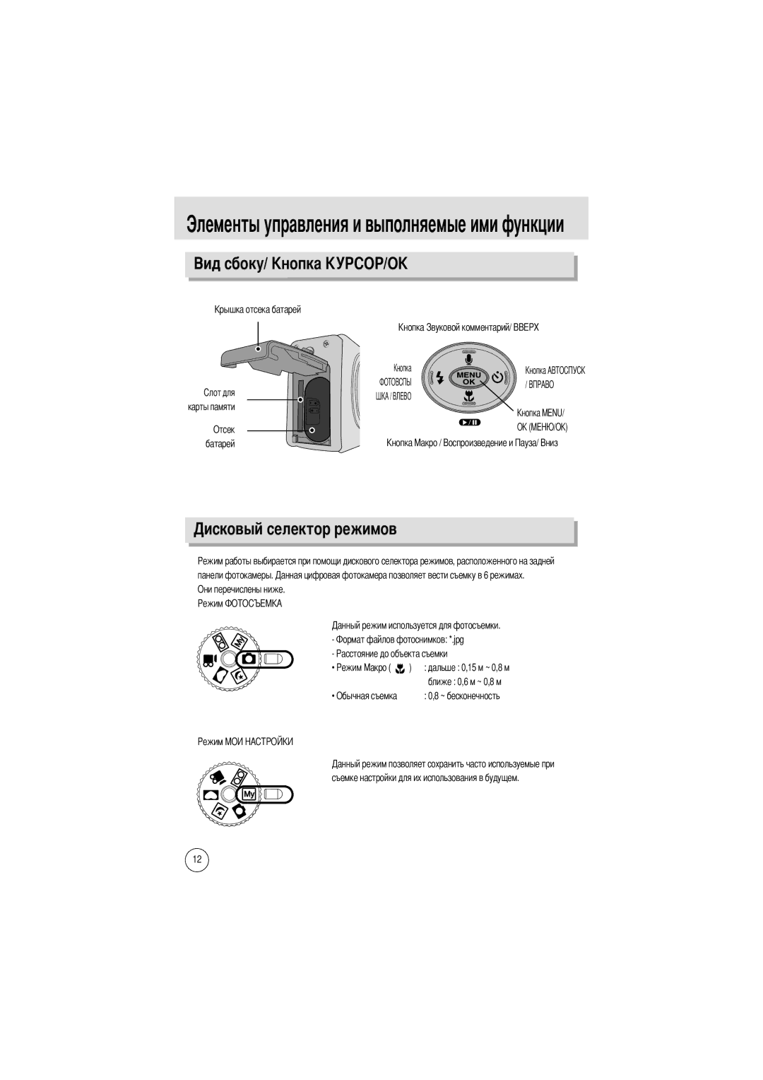 Samsung EC-D250ZSBA/E1 manual Овый селектор режимов, Карты памяти Отсек Батарей, Дальше 0,15 м ~ 0,8 м, Обычная съемка 