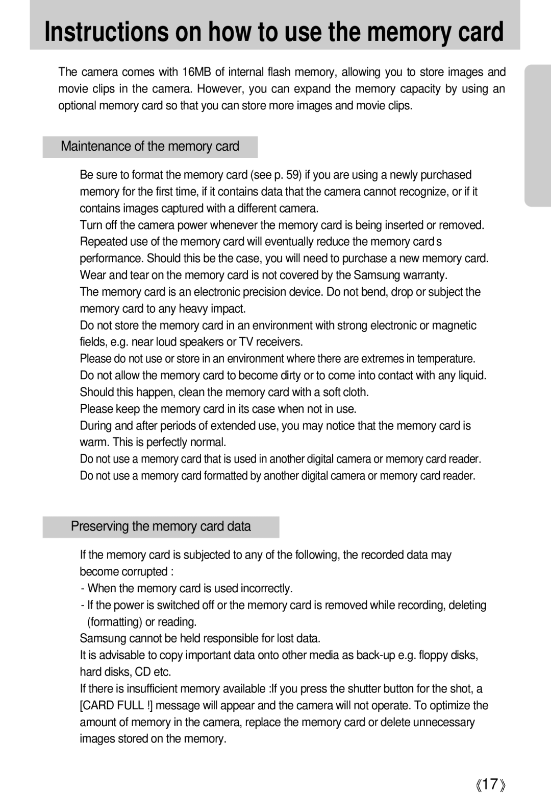 Samsung EC-D301ZSBA/E1 manual Instructions on how to use the memory card 