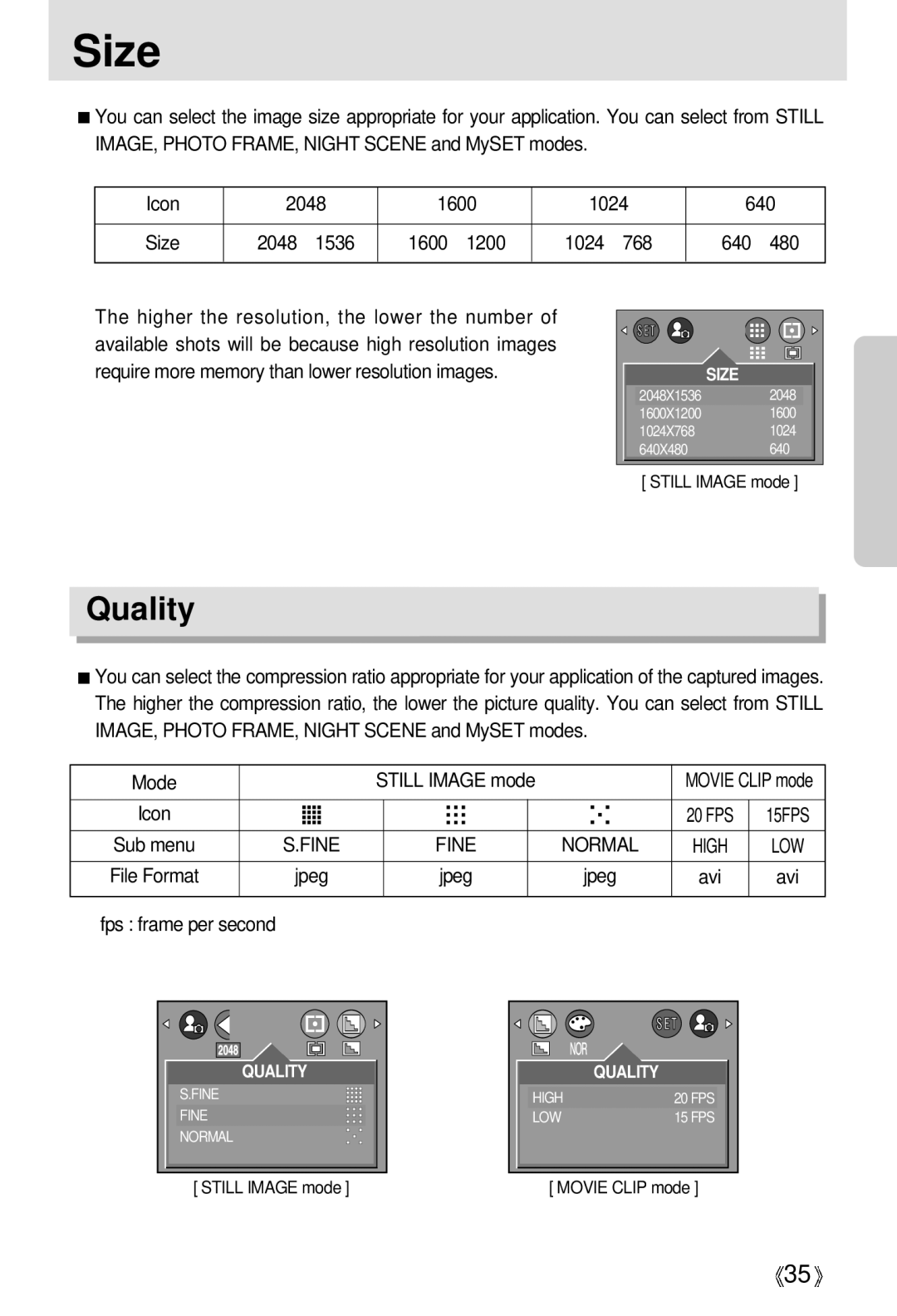 Samsung EC-D301ZSBA/E1 manual Size, Quality, Mode Still Image mode, Fps frame per second 