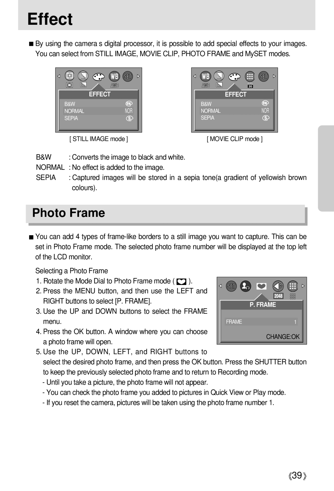 Samsung EC-D301ZSBA/E1 manual Effect, Photo Frame 