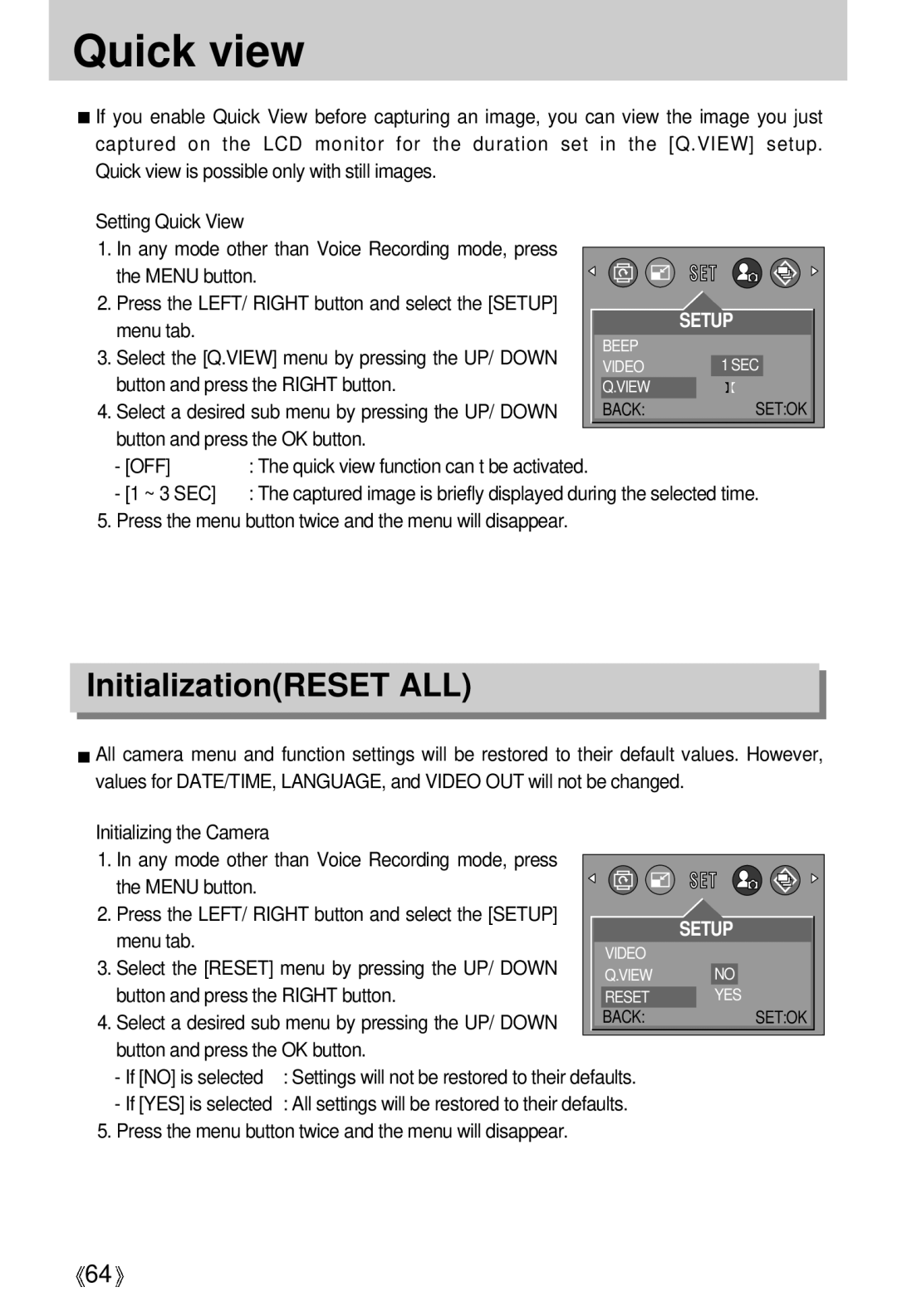 Samsung EC-D301ZSBA/E1 Quick view, InitializationRESET ALL, Button and press the OK button OFF, Initializing the Camera 