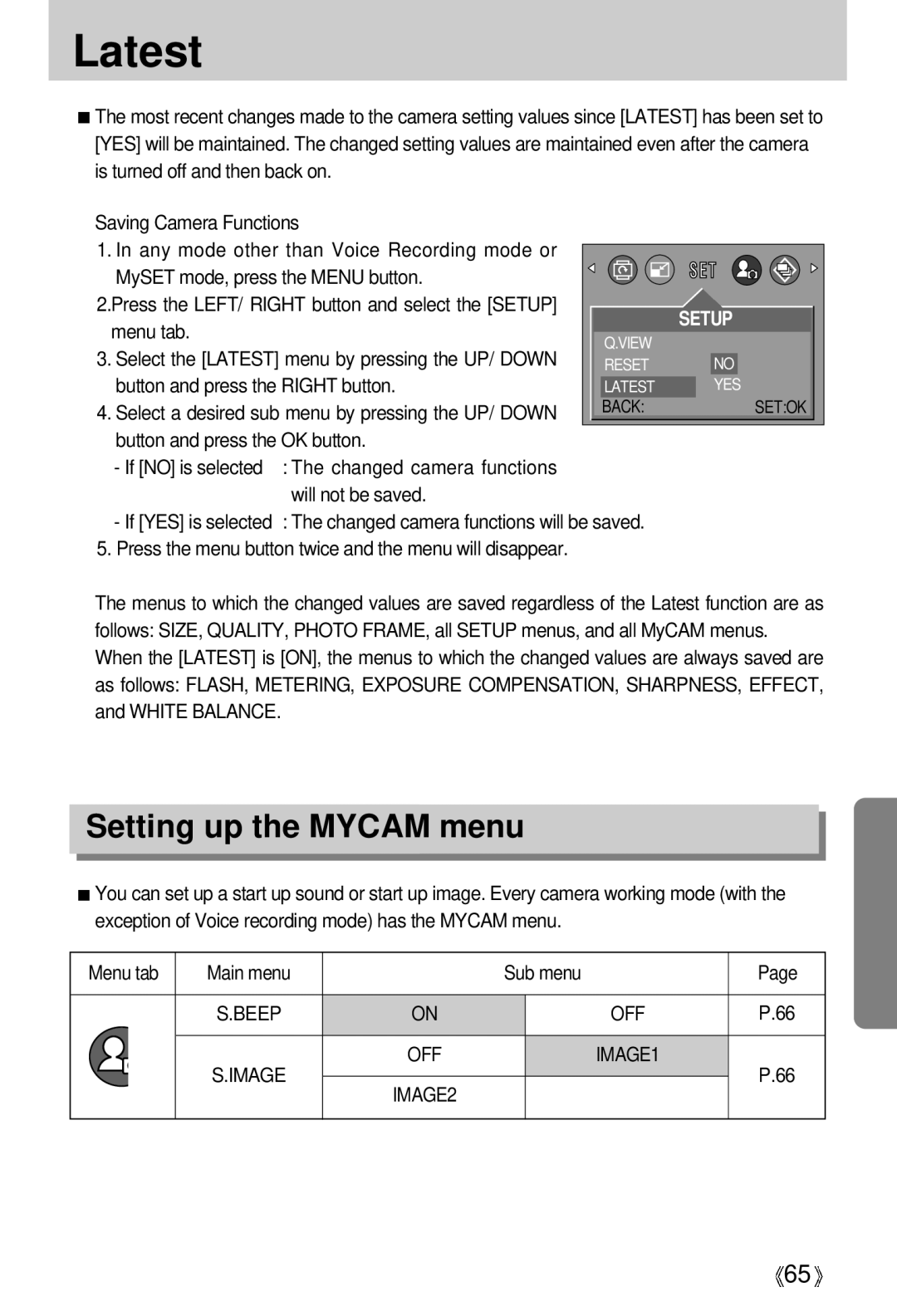 Samsung EC-D301ZSBA/E1 manual Latest, Setting up the Mycam menu 