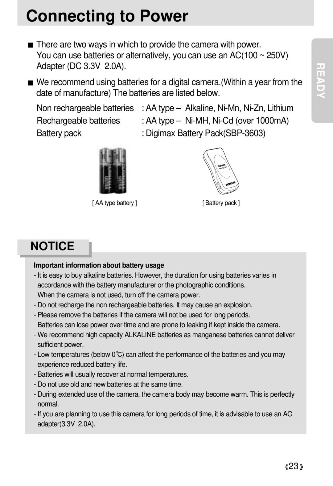 Samsung EC-D330ZSBA/E1 manual Connecting to Power, Rechargeable batteries, Battery pack Digimax Battery PackSBP-3603 