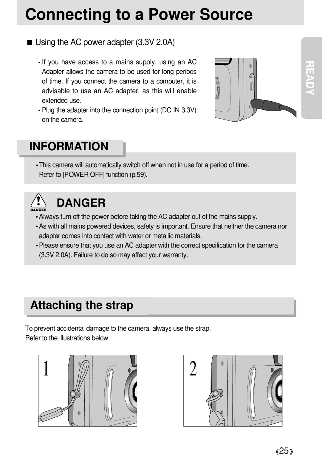 Samsung EC-D330ZSBA/E1 manual Connecting to a Power Source, Using the AC power adapter 3.3V 2.0A 