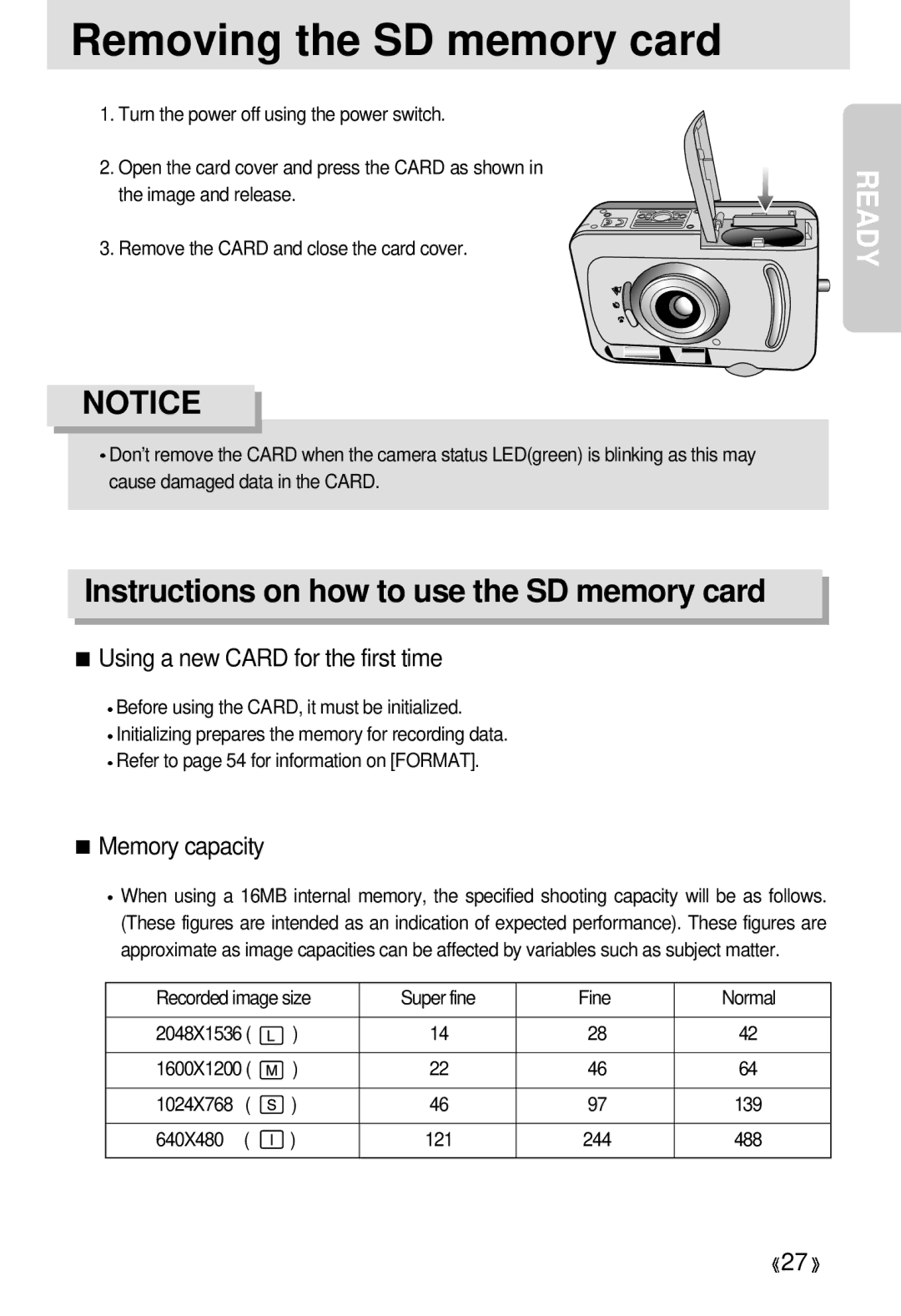 Samsung EC-D330ZSBA/E1 manual Removing the SD memory card, Using a new Card for the first time, Memory capacity, 640X480 