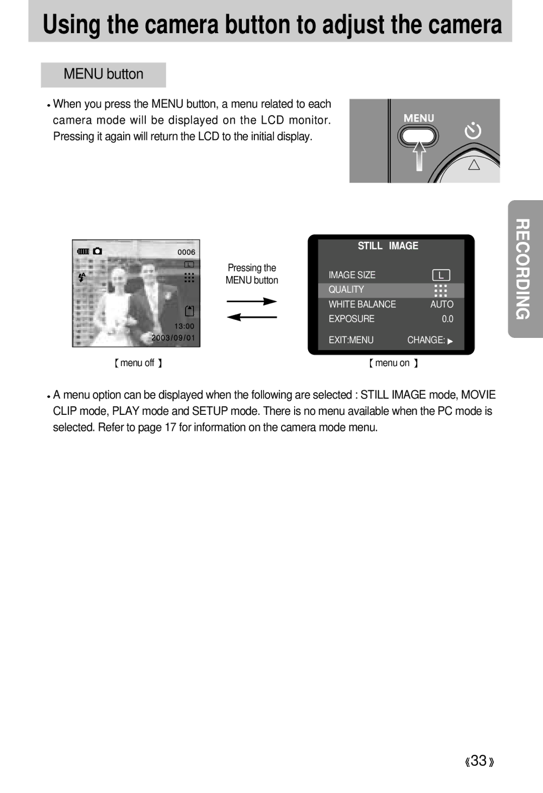 Samsung EC-D330ZSBA/E1 manual Menu button, Still Image 