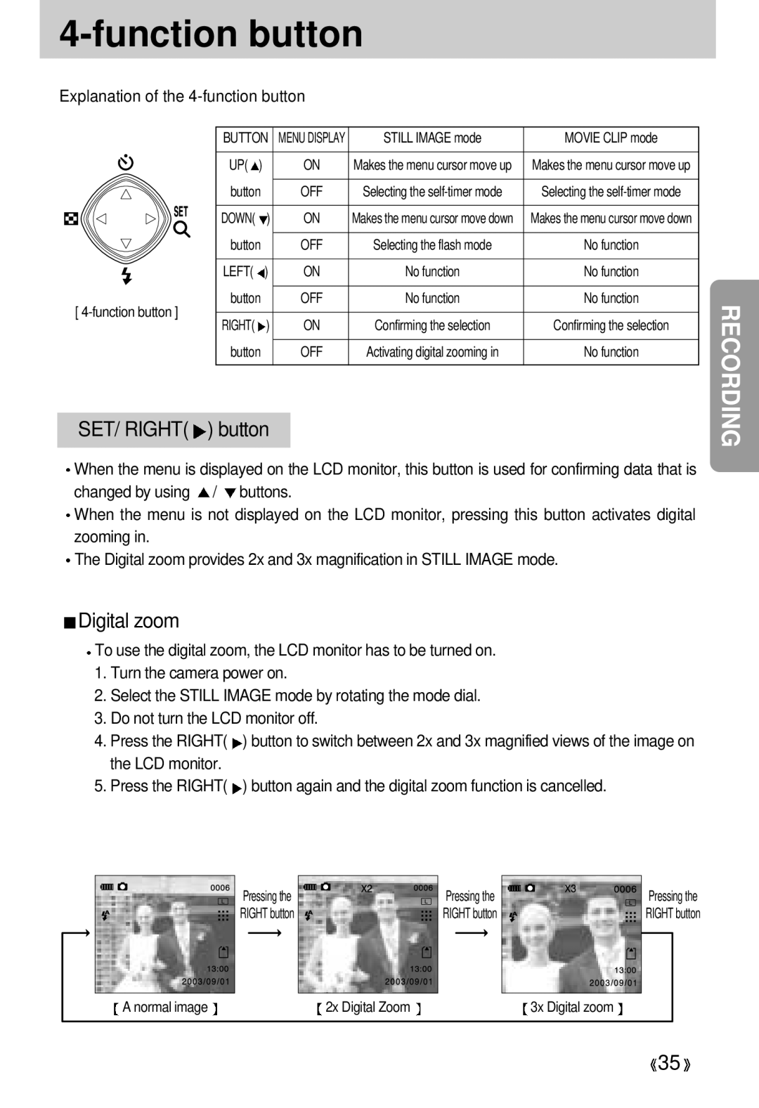 Samsung EC-D330ZSBA/E1 manual Function button, SET/ Right button, Digital zoom, Explanation of the 4-function button 